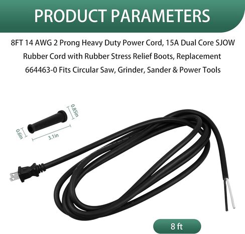 14 AWG 2 Prong Replacement Power Cord, Heavy Duty for Makita 664463-0 | Fits Circular Saw Grinder Sander Power Tools (2X14X8 SJOW) Rubber Stress Relief Boots in Kuwait