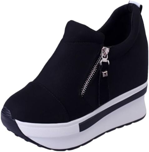Women's Fashionable Sneaker - Thick-Soled and Platform-Style Casual Shoes - Side Zipper Design - Comfortable Canvas Shoes - Suitable for All Seasons' wear in Kuwait