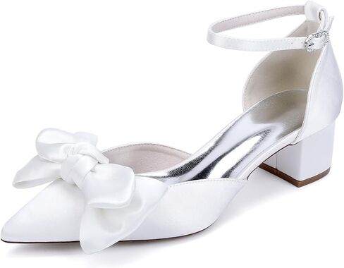 Women's Closed Pointed Toe Party Evening Wedding Shoes Ankle Strap Satin Bridal Pumps Low Block Heels Bridesmaid Dress Shoes with Bow in Kuwait