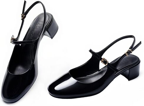 Women's Mary Jane Chunky Low Block Heels Round Toe Slingback Pumps | All-Day Comfort Cute Shoes,Adjustable Buckle Strap,Patent Faux Leather,Dressy Shoes,Colsed Toe,Non-slip, Cushioned Insole in Kuwait