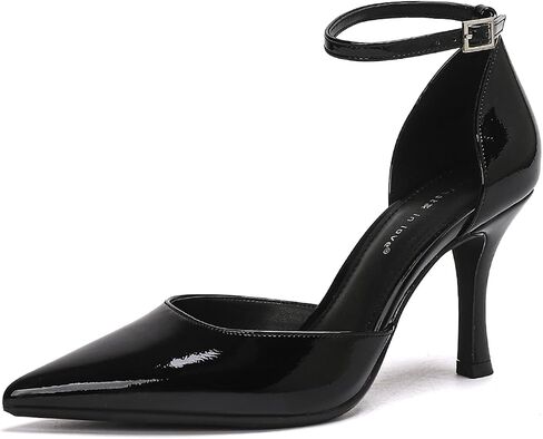On feet& in love Dress Shoes for Women Glossy Comfort Fit Kitten Heel Pointed Toe Ankle Strap black dress shoes for women Versatile Office Dinner-Ready in Kuwait