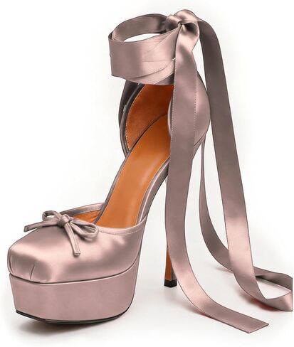 Ballet Heels Closed Toe Heels for Women Satin Ballerina Bow Heel Stiletto Lace Up High Heel Strappy Cute Women's Lace Up Platform High Heels Bow Ribbon Closed Toe Stiletto High Heel Wedding Dress Mary Jane Shoes in Kuwait