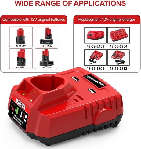 48‑59‑2401 12V Lithium Battery Charger with Dual USB Ports, Replacement for Milwaukee 12V Charger 48‑59‑1204, Compatible with 48‑11‑24 Series Batteries in Kuwait