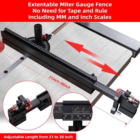 GOINGMAKE Table Saw Miter Gauge with Long Extentable Fence from 21 to 38 Inch and Micro Adjust Flip Stop and 13 Angle Stop Holes, Miter Gauge for Table Saw for Crosscut and Miter, Fit 3/8" x 3/4" Slot in Kuwait