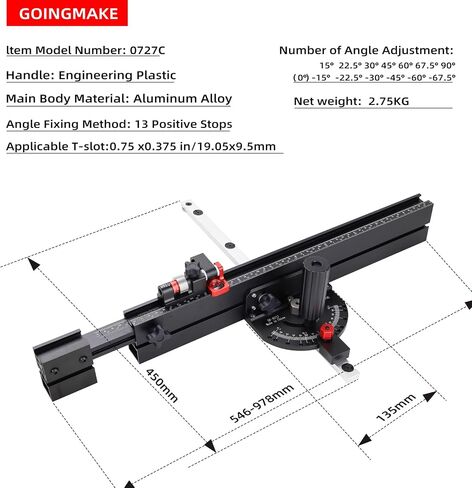GOINGMAKE Table Saw Miter Gauge with Long Extentable Fence from 21 to 38 Inch and Micro Adjust Flip Stop and 13 Angle Stop Holes, Miter Gauge for Table Saw for Crosscut and Miter, Fit 3/8" x 3/4" Slot in Kuwait