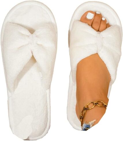 Molodo Plush Bow Slippers for Women Soft Furry Open Toe Anti-Slip Flat Slides Sandals in Kuwait