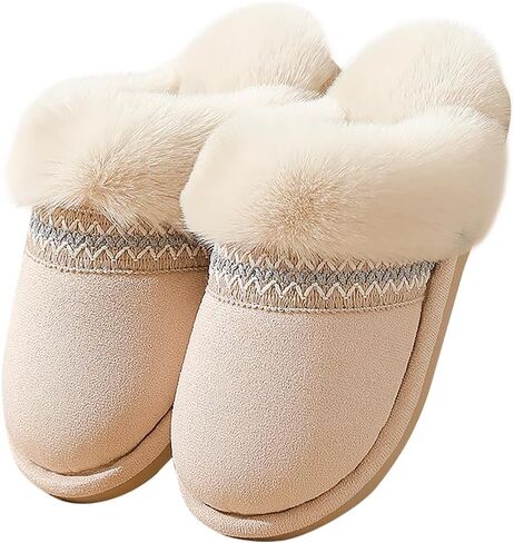 Fleece Lined Indoor House Shoes for Women and Men with Faux Fur Collar Soft Suede Upper Anti Slip Sole Warm Winter Home Footwear Bedroom Living Room Slipper Gift for Adults Cozy Unisex Style in Saudi Arabia