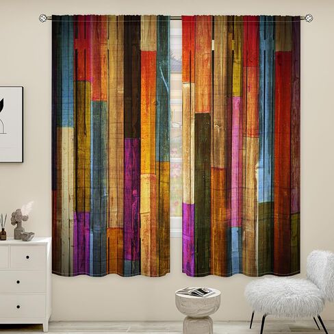 Abstract Art Colored Striped Printed Curtain,Pastoral Style Wood Grain Chic Pattern Light-filtering Curtains for Bedroom,Living Rooms,Office Decor,Rod Pocket Drapes, 42" × 63", Set of 2 Panels in Saudi Arabia