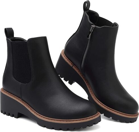 Women's Chelsea Wedge Boots Side Zip Lug Sole Round Toe Fall Ankle Boots | Side zipper closure, elastic gore panel, cushioned insole, thick lug outsole, low wedge heel, everyday walking comfort in Kuwait