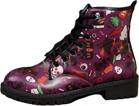 Women's Ankle Booties with Graffiti Dog Butterfly Skull Flowers Floral Print Stylish Gothic Combat Boots Platform Lace-up Leather Xmas Boots Halloween Christmas Party in Kuwait