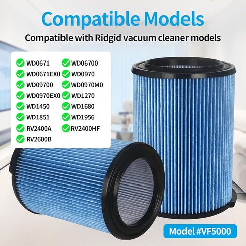 2 Packs VF5000 Filter Replacement for Ridgid Shop Vacuum Filter 5-20 Gallon WD06700 WD0671 WD0970 WD09700 WD1270 WD1450 WD1680 WD1851 RV2400A WD0970M0 WD0970EX0 RV2400HF RV2600B in Kuwait