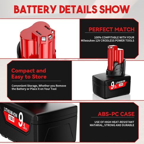 Advanced LCD Display 9.5Ah Replacement for Milwaukee M12 Battery Compatible with M12 Power Cordless Tools & 100% Compatible with All Milwaukee Original Charger in Kuwait
