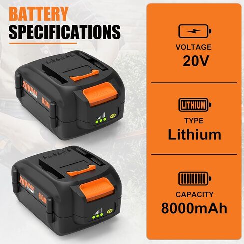 ANTRobut 2Pack 8.0Ah Replacement for Worx 20V Battery WA3575 WA3525 Compatible with Worx Battery 20V and 2X20V Cordless Tools, with Fast Charger WA3881 WA3742 (NOT for Nitro) in Kuwait