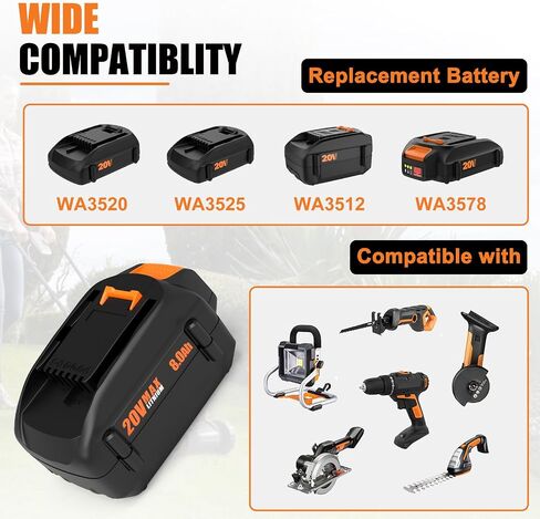 ANTRobut 2Pack 8.0Ah Replacement for Worx 20V Battery WA3575 WA3525 Compatible with Worx Battery 20V and 2X20V Cordless Tools, with Fast Charger WA3881 WA3742 (NOT for Nitro) in Kuwait