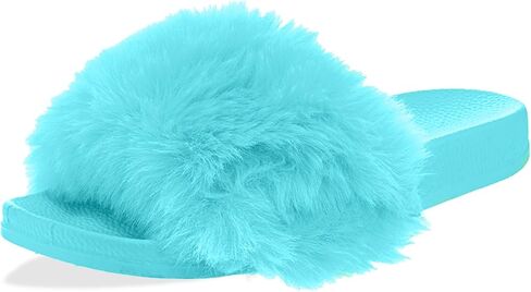 Women's Romana Faux-Fur Slide Slippers - Colorful Fluffy Open Toe House Shoes, Contoured Comfort Footbed, Lightweight Indoor Outdoor Summer Slippers in Kuwait