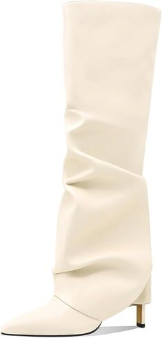 Women's Knee High Boots Fold Over High Heel Pointed Toe Black White Long Boots Women Dress Tall Boots for Women in Kuwait