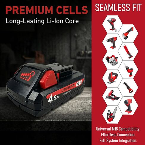 2 Pack 4.5Ah Replacement Battery for Milwaukee M18 48-11-1850 48-11-1852 48-11-1830, Compatible with Milwaukee 18V Cordless Power Tools in Kuwait