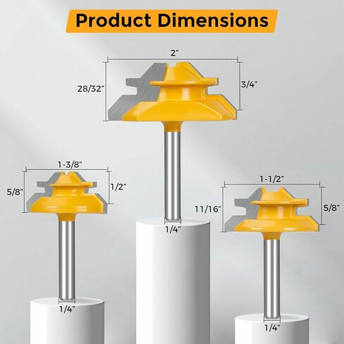 Lunyee 45 Degree Lock Miter Router Bit Set 3-Piece, 1/4 Inch Shank, YG6 Carbide Tipped Jointer Bits for 1/2", 5/8", 3/4" Stock, Precision Tenon Milling Cutter for Cabinets, Drawers & Woodworking in Kuwait