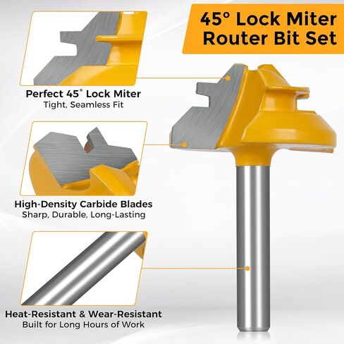 Lunyee 45 Degree Lock Miter Router Bit Set 3-Piece, 1/4 Inch Shank, YG6 Carbide Tipped Jointer Bits for 1/2", 5/8", 3/4" Stock, Precision Tenon Milling Cutter for Cabinets, Drawers & Woodworking in Kuwait