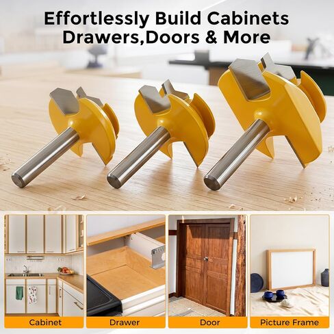 Lunyee 45 Degree Lock Miter Router Bit Set 3-Piece, 1/4 Inch Shank, YG6 Carbide Tipped Jointer Bits for 1/2", 5/8", 3/4" Stock, Precision Tenon Milling Cutter for Cabinets, Drawers & Woodworking in Kuwait