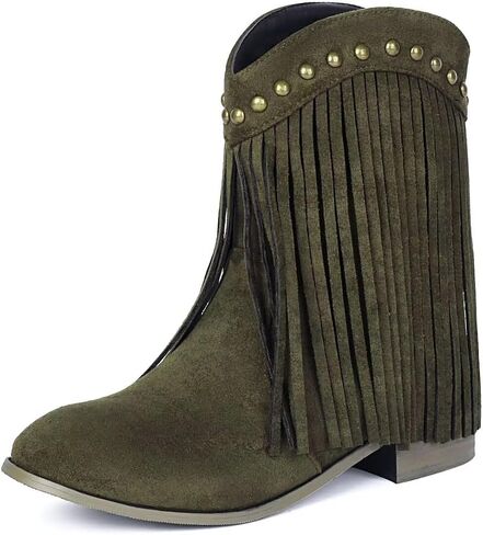 Joojaky Cowboy Boots for Women Ankle Western Fringe Booties Low Heel Rivet Boots in Kuwait