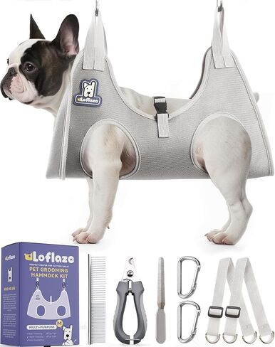 Loflaze Dog Grooming Hammock Harness for Dogs & Cats with Pet Nail Clipper Trimmer - Cat Hanger Sling for Trimming Clipping Nails- Dog Hammock Restraint Bag for Small Medium Large pet （ Grey S ） in Saudi Arabia