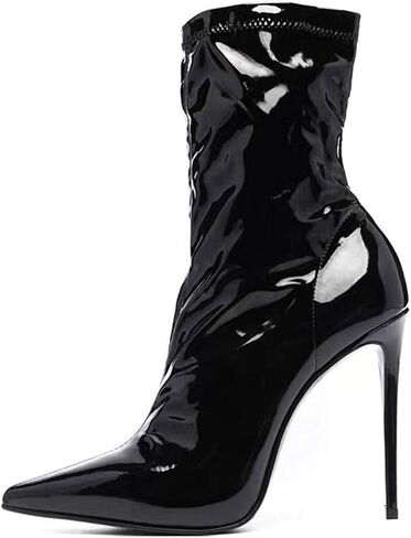 Newspaper print stretch Ankle boots for Women stiletto heels Pull-on Pointed toe high heel sexy Black Skinny boots Women's Boots in Kuwait