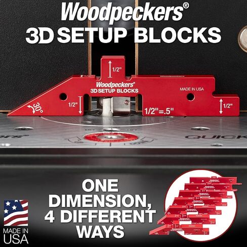 Woodpeckers 3D Setup Blocks, 7 Piece Set, Aluminum, USA Made, 4 Ways to Meaure on each Block, Router & Table Saw Gauge Blocks, Router Bit Height Gauge - 3D-SUB7 in Kuwait