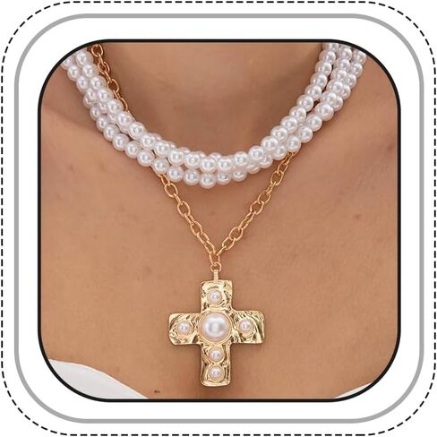 Layered Cross Pearl Choker Necklaces for Women Chunky Hammered Cross Beads Pendant Necklaces Stackable Big Crucifix Necklaces Christmas Party Jewelry Accessories in Saudi Arabia