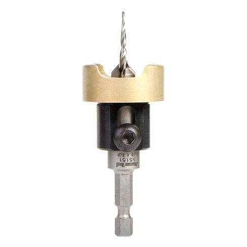 Amana Tool 82 Degree Countersink with Tapered Drill Bit and Adjustable Depth Stop, 55151, 3/8 D x 1/8 Drill D x 1/4 Inch Quick Release Hex Shank in Kuwait