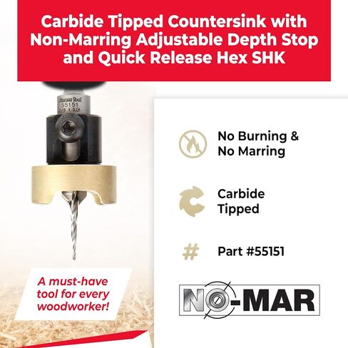 Amana Tool 82 Degree Countersink with Tapered Drill Bit and Adjustable Depth Stop, 55151, 3/8 D x 1/8 Drill D x 1/4 Inch Quick Release Hex Shank in Kuwait