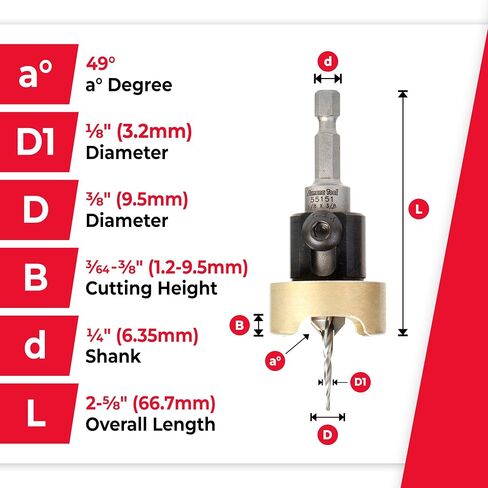 Amana Tool 82 Degree Countersink with Tapered Drill Bit and Adjustable Depth Stop, 55151, 3/8 D x 1/8 Drill D x 1/4 Inch Quick Release Hex Shank in Kuwait