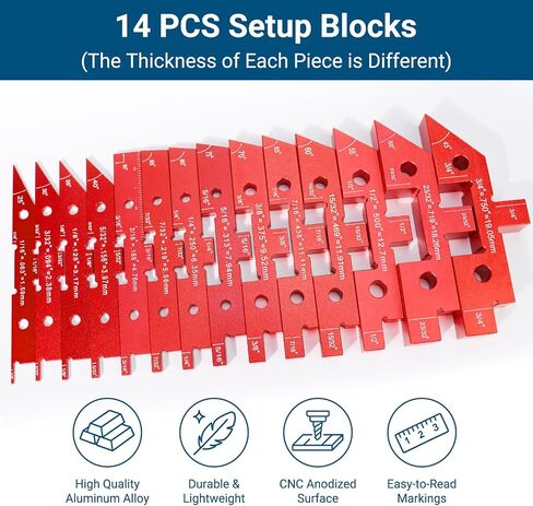 Table Setup Blocks for Woodworking, 14pcs Aluminum Alloy Woodworking Tools Precision Set up Bars, Height, Depth, Angle & Fence Alignment Gauge Set - Router and Table Saw Accessories with Storage Case in Kuwait