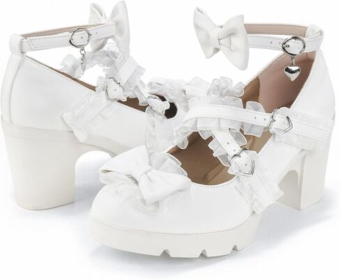 DADAWEN Women's Kawaii Mary Jane Chunky Low Block Heels Pumps with Bow Lace Comfortable Round Toe Ankle Strap Cosplay Wedding School Party Dress Shoes in Kuwait