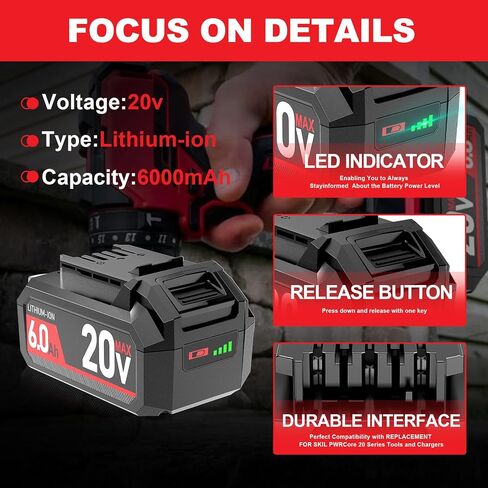 6000mAh Lithium-ion Replacement for SKIL 20V Battery BY519601 BY519603 BY519701 BY519702 BY519703, Compatible with SKIL PWRCore 20 volt Cordless Power Tools and Chargers QC536001 SC535801 QC5359B-02 in Kuwait