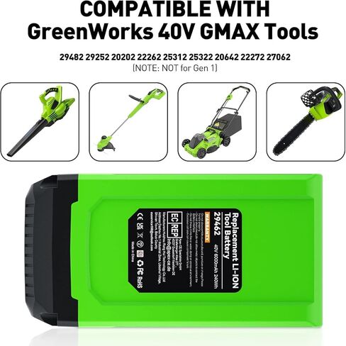 6.0Ah High Capacity Battery Replacement for Greenworks 40Volt Battery and Charger Compatible with Greenworks 40V G-MAX Battery 29252 20202 29482 29472 29462 Power Tools in Kuwait