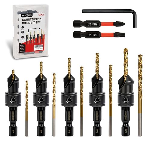 ANGELSWORD Countersink Drill Bit Set, 13 PCS Counter Sink Drill Bit Adjustable, #4, #6, #8, #10, #12, Extra 5pc Replaceable Drill Bits in Kuwait