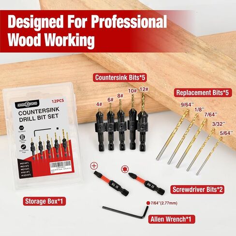 ANGELSWORD Countersink Drill Bit Set, 13 PCS Counter Sink Drill Bit Adjustable, #4, #6, #8, #10, #12, Extra 5pc Replaceable Drill Bits in Kuwait