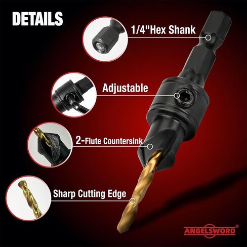 ANGELSWORD Countersink Drill Bit Set, 13 PCS Counter Sink Drill Bit Adjustable, #4, #6, #8, #10, #12, Extra 5pc Replaceable Drill Bits in Kuwait