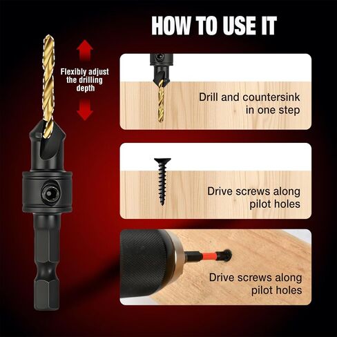 ANGELSWORD Countersink Drill Bit Set, 13 PCS Counter Sink Drill Bit Adjustable, #4, #6, #8, #10, #12, Extra 5pc Replaceable Drill Bits in Kuwait