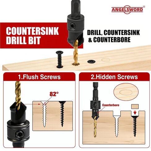 ANGELSWORD Countersink Drill Bit Set, 13 PCS Counter Sink Drill Bit Adjustable, #4, #6, #8, #10, #12, Extra 5pc Replaceable Drill Bits in Kuwait