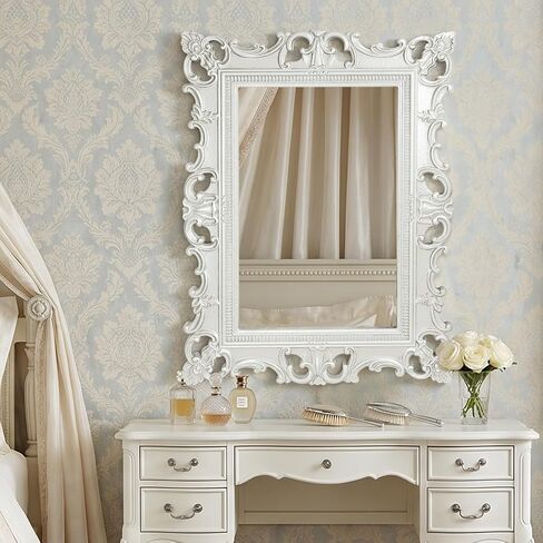 Vintage Baroque Silver Wall Mirror, Ornate 3D Embossed Carved Frame, Handcrafted European Style Decorative Mirror, Distressed Antique Silver Finish for Living Room Bedroom Hallway Bathroom Vanity in Saudi Arabia