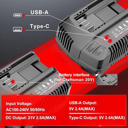 【USB A+Type C Port】 Multi-Functional 20V Charger Replacement for Craftsman 20v Battery Charger CMCB104 CMCB124, Compatible with Craftsman V20 Battery CMCB201 CMCB202 CMCB204 CMCB205 CMCB206 CMCB209 in Kuwait