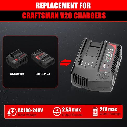 【USB A+Type C Port】 Multi-Functional 20V Charger Replacement for Craftsman 20v Battery Charger CMCB104 CMCB124, Compatible with Craftsman V20 Battery CMCB201 CMCB202 CMCB204 CMCB205 CMCB206 CMCB209 in Kuwait