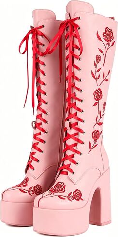 LISHAN Women's Gothic Rose Embroidered Platform Boots Lace Up Chunky Heel Vintage Boot in Kuwait