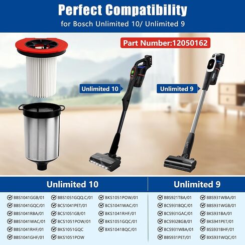 12050162 Replacement Filter for Bosch Unlimited 10/ Unlimited 9 Cordless Vacuum Cleaner BKS1051GQC BBS1041 BBS921TBA, 2 Washable Filter 2 Stainless Steel Filter in Kuwait