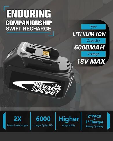2Pack 6.0Ah 18V Battery Replacement for Makita 18V Battery and Charger | Compatible with Makita 18V Battery Power Tools BL1860 BL1850 BL1840 BL1830 in Kuwait