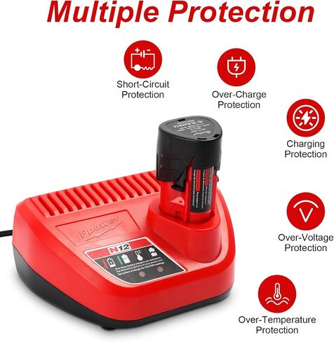 Compatible with Milwaukee 12V 3000mAh Battery(2 Packs) and Charger Kit | 112 Volt Lithium-Ion Replacement Battery with Charger Kit for 48-11-2401 48-11-2411 48-59-2401 48-11-2420 Power Tools in Kuwait