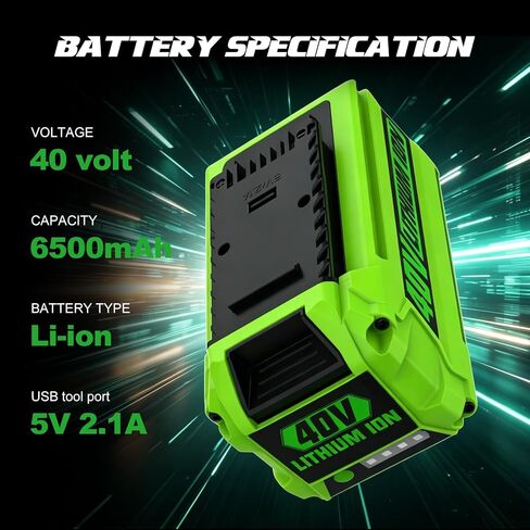 6.5Ah Lithium-Ion Battery Replacement for Greenworks 40V Battery 29462 29472 Compatible with Greenworks 40V G-MAX for Power Tools Lawn Mower 29252 20202 22262 25312 25322, with USB Port in Kuwait