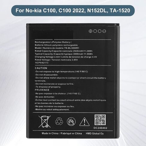 Replacement Battery TN-BL3000R1 Compatible with N0kia C100, C100 2022, N152DL, TA-1520, 3.85V 2900mAH, with Repair Tool Kit in Kuwait